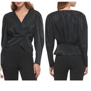 DKNY Black Satin Surplice V-Neck Long Puff Sleeve Peplum Blouse Medium NWT